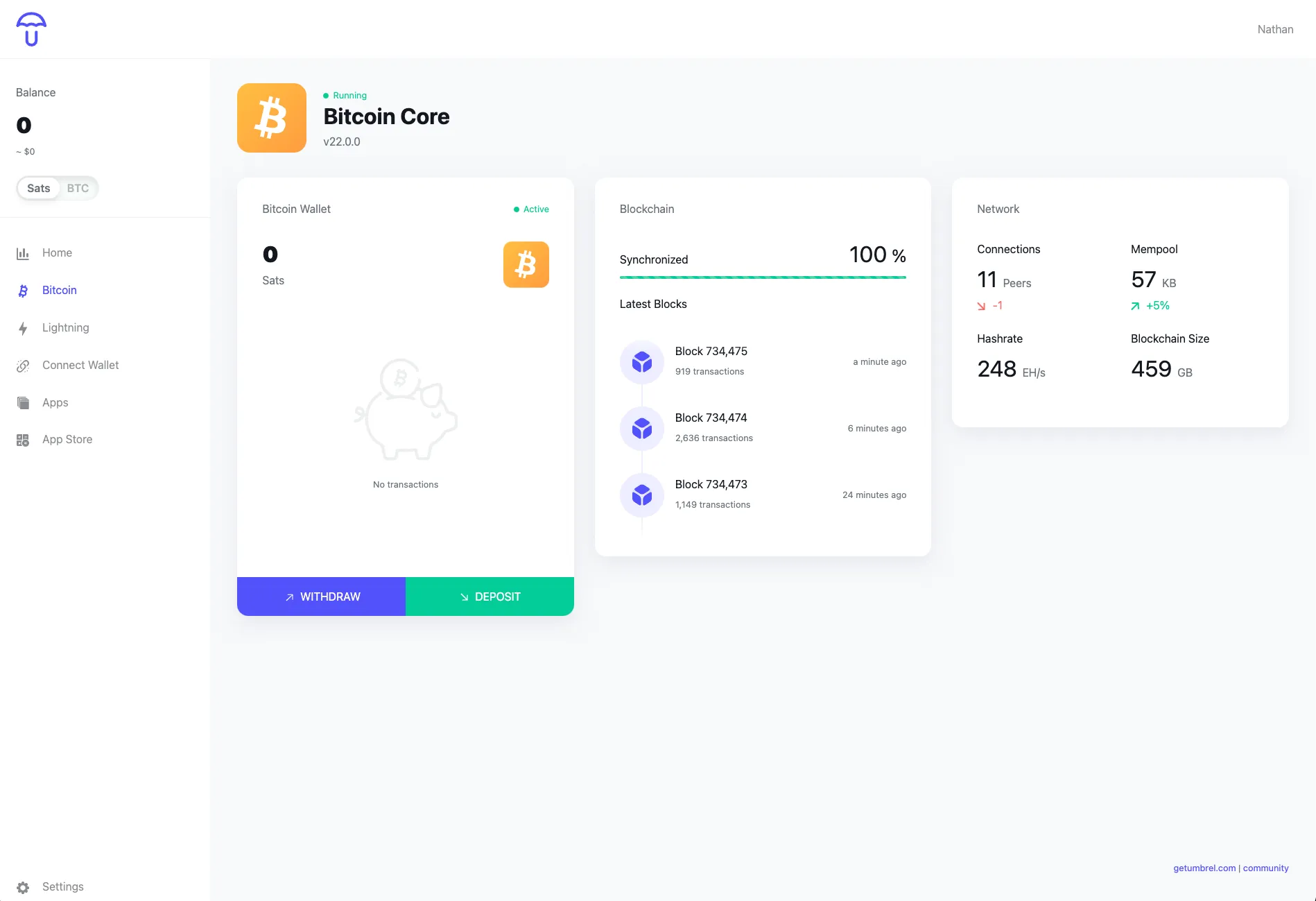 The Umbrel GUI for a Bitcoin node